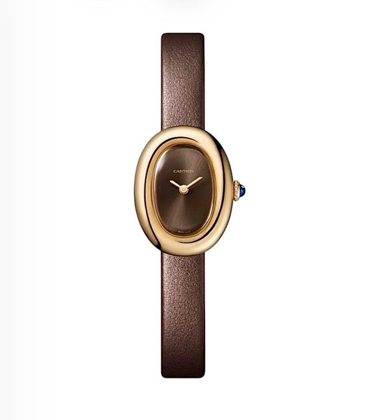 Cartier Baignoire Watch Mini Size 24x18MM – Yellow Gold-Plated, Steel Bezel, Brown Leather Strap