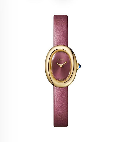 Cartier Baignoire Watch Mini Size 24x18MM – Yellow Gold-Plated, Steel Bezel, Burgundy Leather Strap