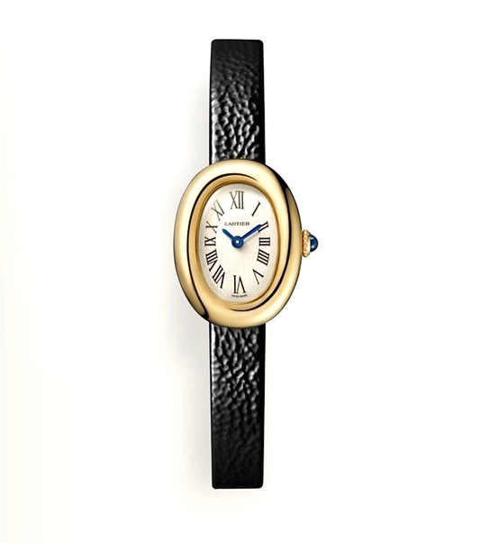 Cartier Baignoire Watch Mini Size 24x18MM – Yellow Gold-Plated, Steel Bezel, Black Leather Strap