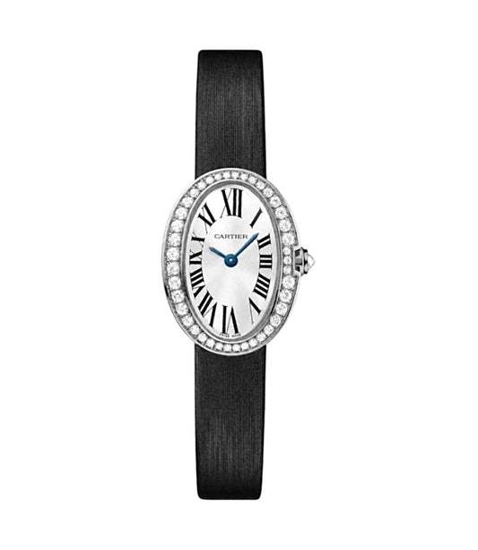 Cartier Baignoire Watch Mini – White Gold-Plated, Diamond Bezel, Black Satin Strap