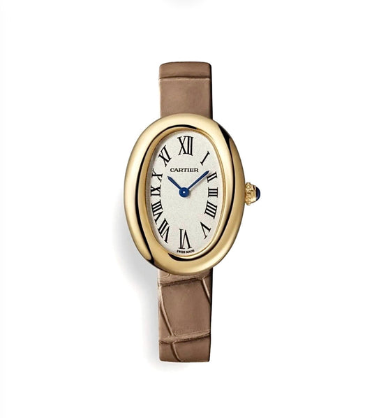 Cartier Baignoire Watch 31x23MM – Yellow Gold-Plated, Steel Bezel, Taupe Leather Strap