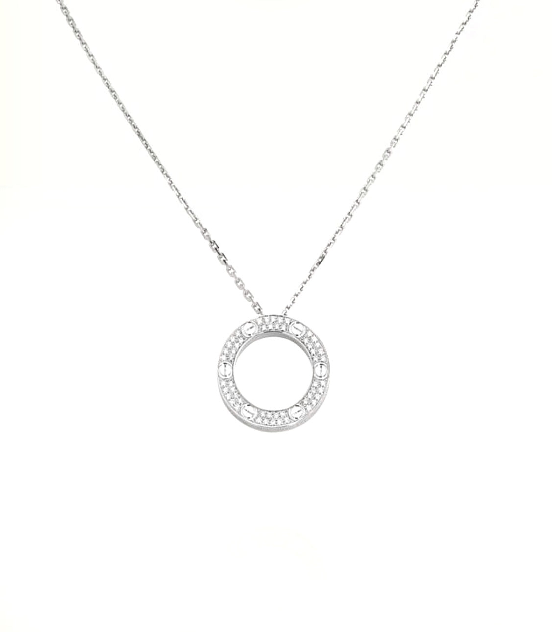 Cartier Love Necklace – White Gold, Full Diamond Pavé Circle Pendant