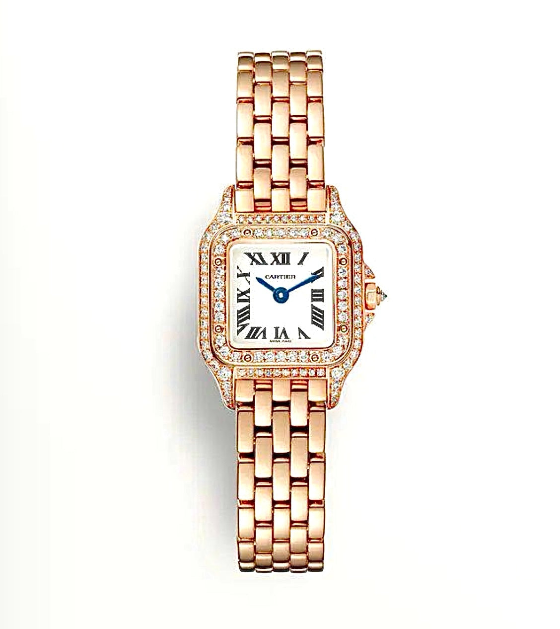 Cartier Panthère de Cartier Watch 19mm Mini – Rose Gold-Plated & Diamond Bezel | White Roman Dial | ساعة كارتييه بانتير 19 ملم روز غولد ألماس