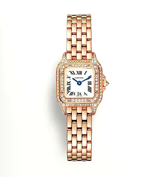 Cartier Panthère de Cartier Watch 19mm Mini – Rose Gold-Plated & Diamond Bezel | White Roman Dial | ساعة كارتييه بانتير 19 ملم روز غولد ألماس