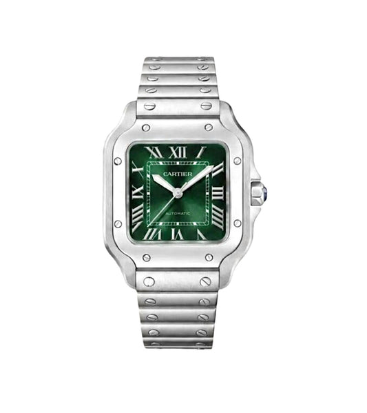 Cartier Santos de Cartier Watch Medium 35mm – Stainless Steel | Green Gradient Roman Dial & Date | ساعة كارتييه سانتوس 35 ملم أخضر تدرجي