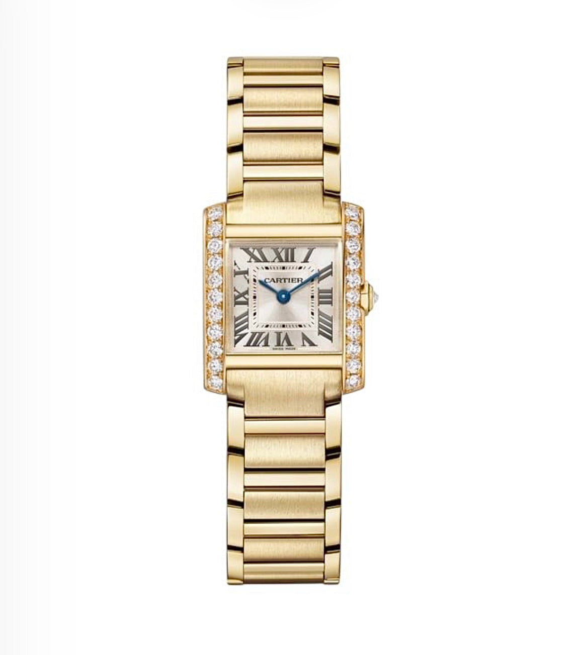 Cartier Tank Française Watch Small – Gold-Plated & Diamond Bezel | Silver Roman Dial | ساعة كارتييه تانك فرانسيز صغيرة مطلي ذهبي ألماس