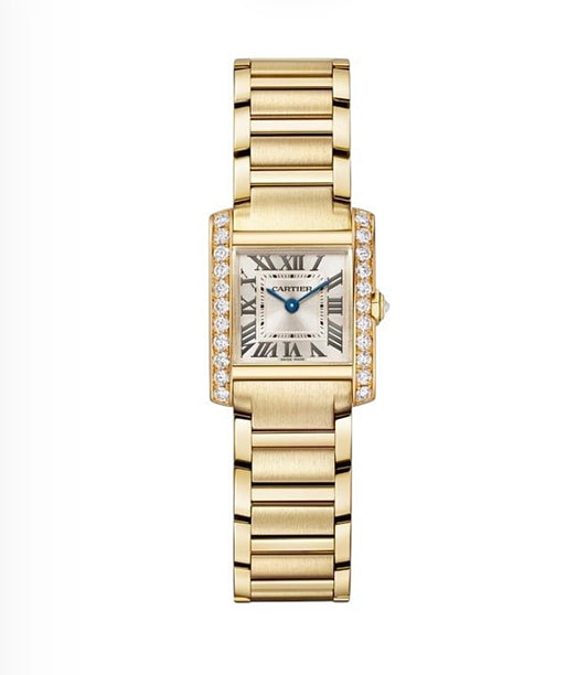 Cartier Tank Française Watch Small – Gold-Plated & Diamond Bezel | Silver Roman Dial | ساعة كارتييه تانك فرانسيز صغيرة مطلي ذهبي ألماس