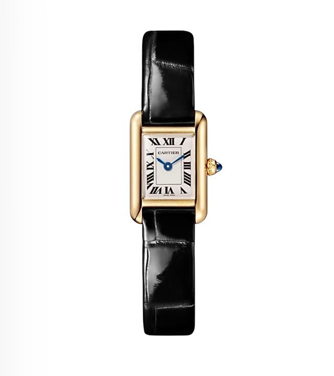Cartier Tank Louis Cartier Watch 24x16mm – Gold-Plated | White Roman Dial & Black Leather Strap | ساعة كارتييه تانك لويس 24×16ملم مطلي ذهبي جلد أسود