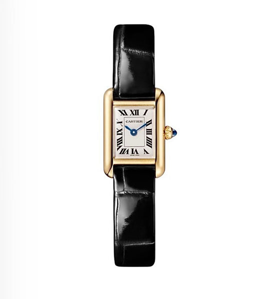 Cartier Tank Louis Cartier Watch 24x16mm – Gold-Plated | White Roman Dial & Black Leather Strap | ساعة كارتييه تانك لويس 24×16ملم مطلي ذهبي جلد أسود