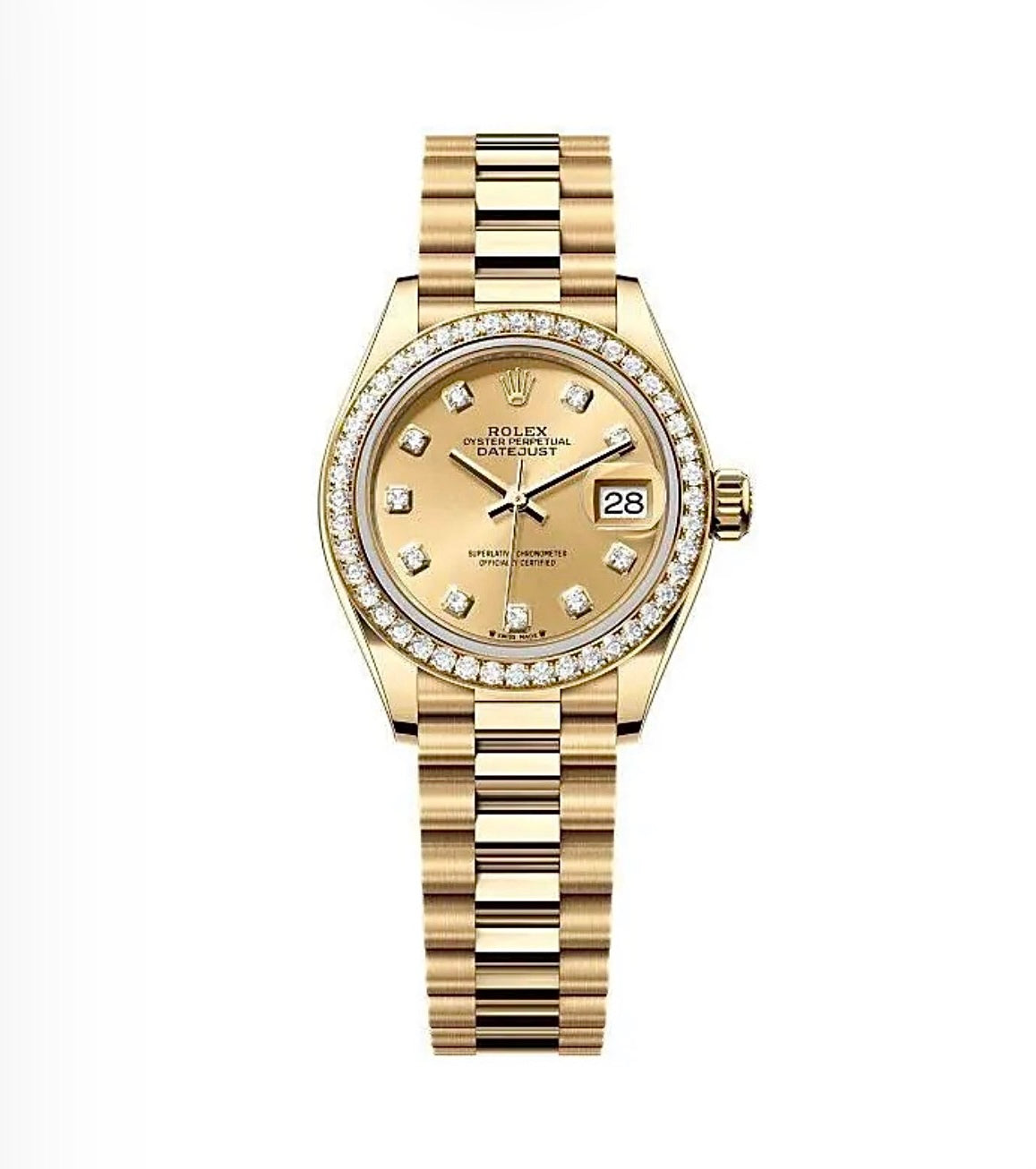 Rolex Datejust Oyster 28mm Gold-Plated – Diamond Bezel & Champagne Dial | ساعة رولكس ديتجست 28 ملم مطلية بالذهب