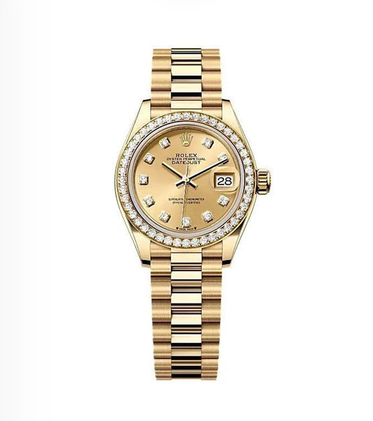 Rolex Datejust Oyster 28mm Gold-Plated – Diamond Bezel & Champagne Dial | ساعة رولكس ديتجست 28 ملم مطلية بالذهب