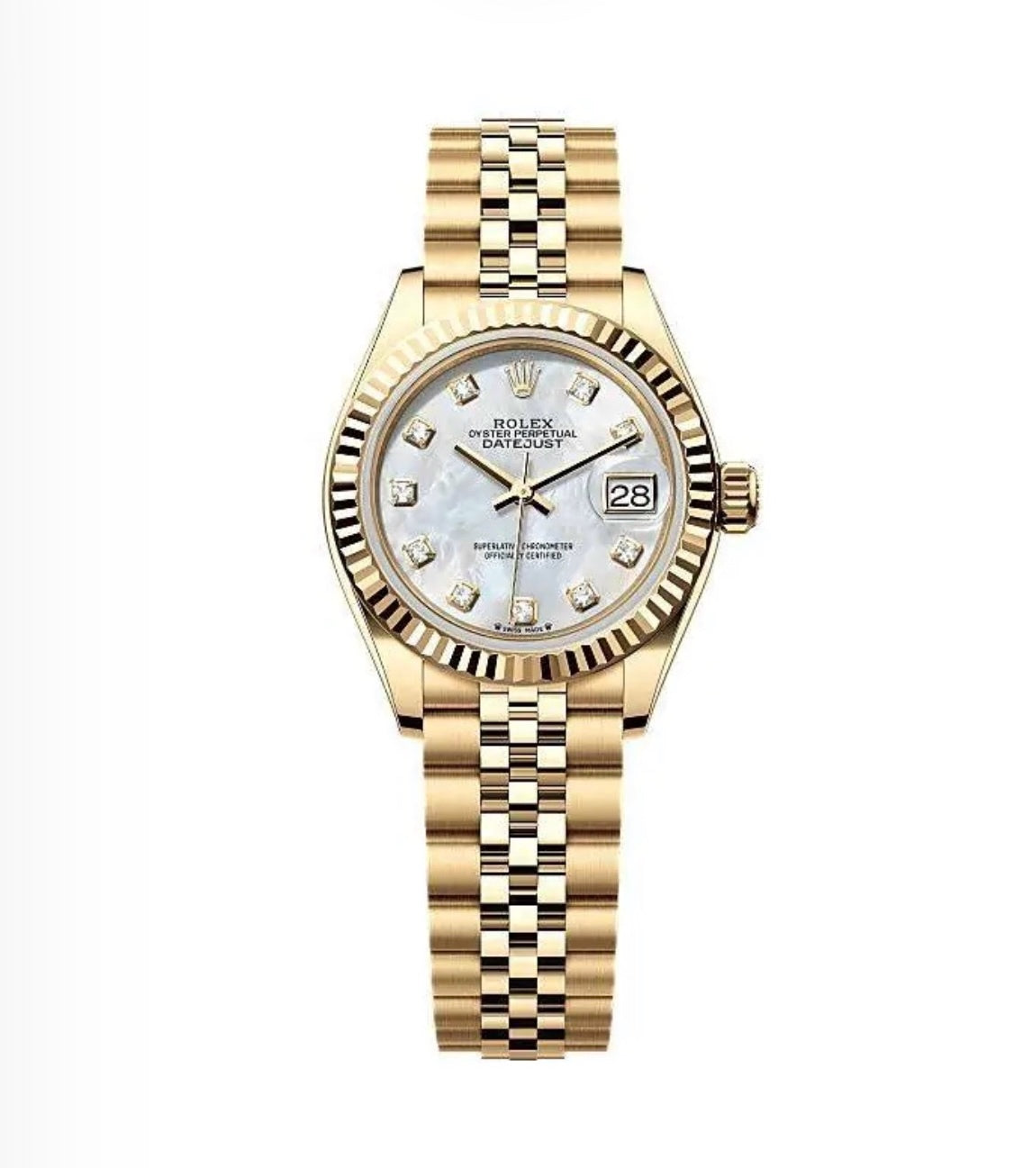 Rolex Datejust Oyster 28mm Gold-Plated – Mother-of-Pearl Diamond Dial | ساعة رولكس ديتجست 28 ملم مطلية لؤلؤي