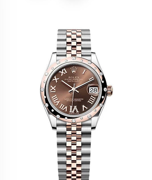 Rolex Datejust Oyster 31mm Oystersteel & Rose Gold-Plated – Chocolate Roman Dial & Diamond Bezel | ساعة رولكس ديتجست 31 ملم بني روماني
