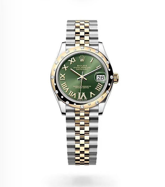 Rolex Datejust Oyster 31mm Oystersteel & Gold-Plated – Olive Green Roman Dial & Diamond Bezel | ساعة رولكس ديتجست 31 ملم خضراء روماني وإطار ألماس