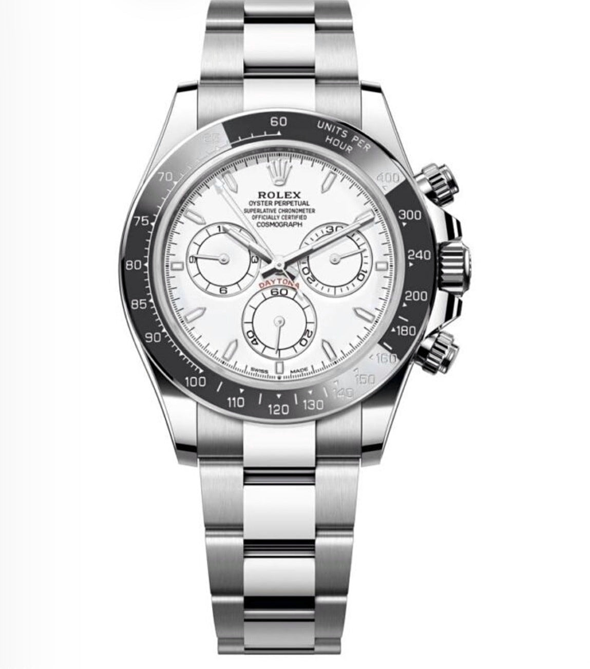Rolex Cosmograph Daytona Oyster 40mm Oystersteel – White Dial & Black Ceramic Bezel | ساعة رولكس دايتونا 40 ملم أويسترستيل