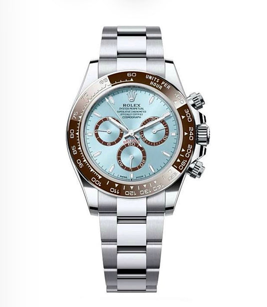 Rolex Cosmograph Daytona Oyster 40mm Platinum – Ice Blue Dial & Chocolate Ceramic Bezel | ساعة رولكس دايتونا 40 ملم بلاتين أزرق جليدي