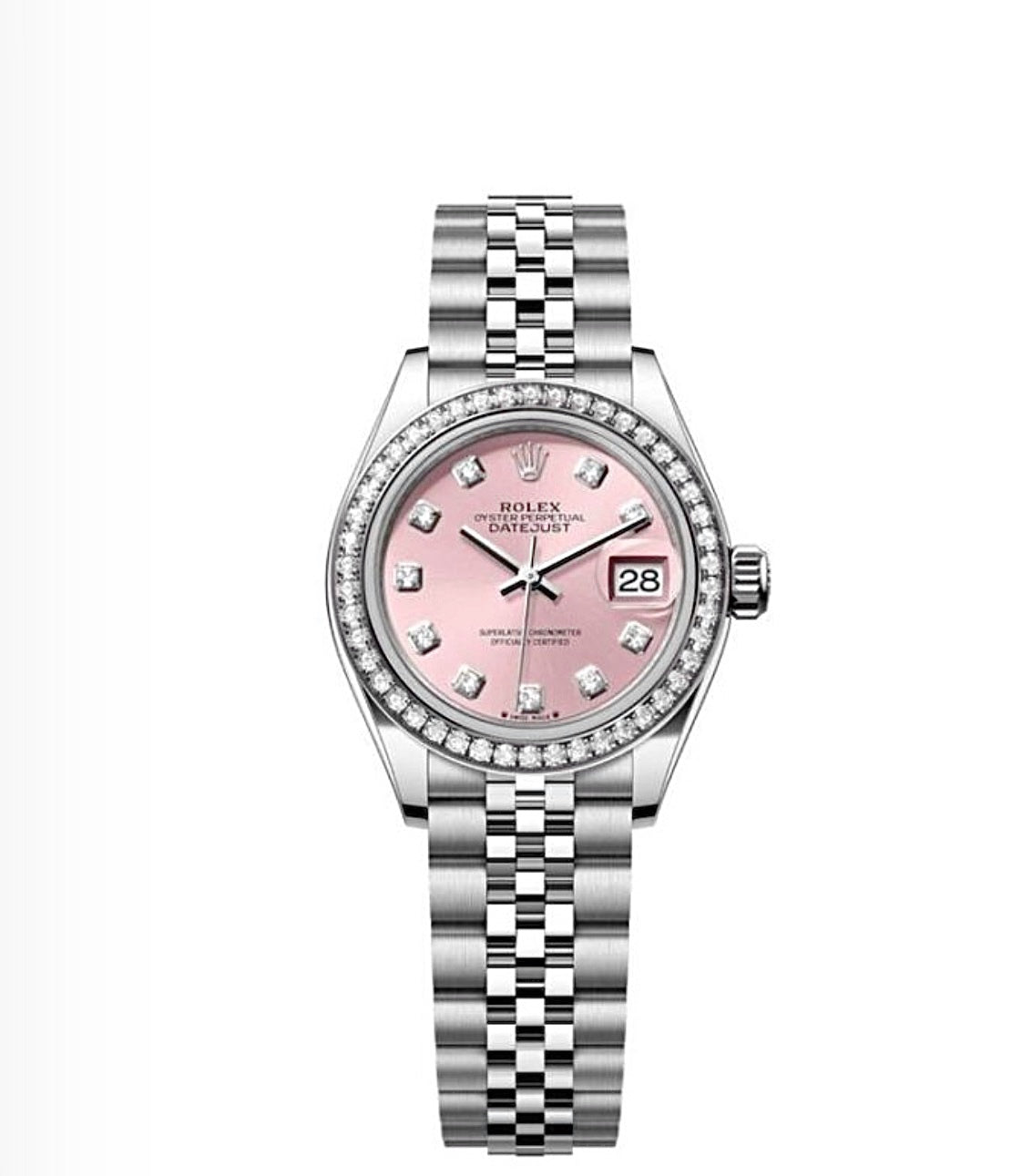 Rolex Datejust Oyster 28mm Oystersteel – Baby Pink Diamond Dial & Diamond Bezel | ساعة رولكس ديتجست 28 ملم وردي وإطار ألماس