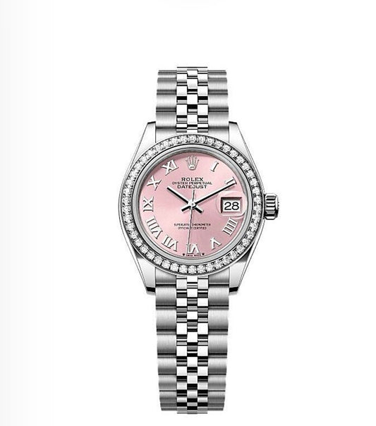 Rolex Datejust Oyster 28mm Oystersteel – Baby Pink Roman Dial & Diamond Bezel | ساعة رولكس ديتجست 28 ملم وردي روماني وإطار ألماس