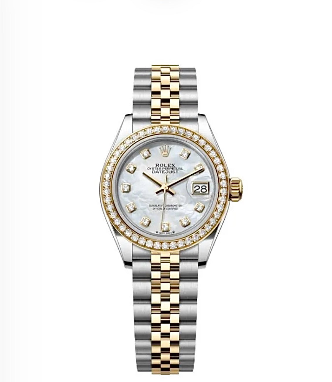 Rolex Datejust Oyster 28mm Oystersteel & Gold-Plated – Mother-of-Pearl Diamond Dial & Diamond Bezel | ساعة رولكس ديتجست 28 ملم لؤلؤي وإطار ألماس ثنائي