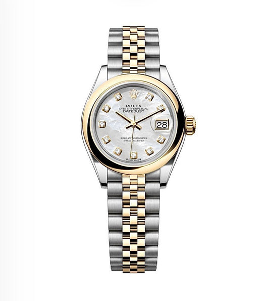 Rolex Datejust Oyster 28mm Oystersteel & Gold-Plated – White Mother-of-Pearl Diamond Dial | ساعة رولكس ديتجست 28 ملم لؤلؤي أبيض ثنائي