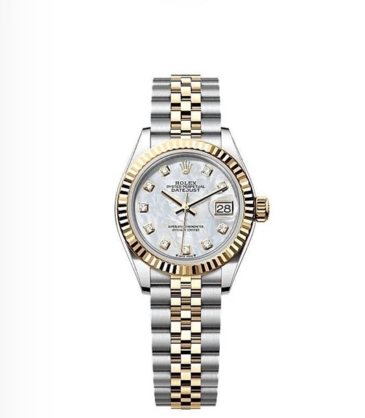 Rolex Datejust Oyster 28mm Oystersteel & Gold-Plated – White Mother-of-Pearl Diamond Dial & Fluted Bezel | ساعة رولكس ديتجست 28 ملم لؤلؤي أبيض مضلّع ثنائي