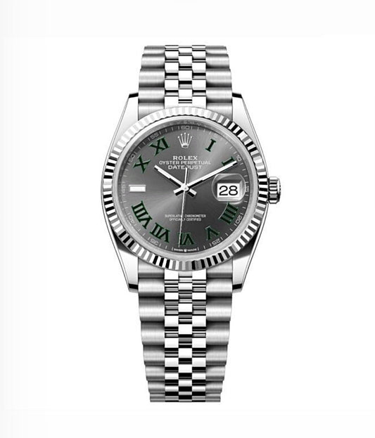 Rolex Datejust Wimbledon Oyster 36mm Oystersteel – Slate Green Roman Dial & Fluted Bezel | ساعة رولكس ديتجست ويمبلدون 36 ملم روماني أخضر