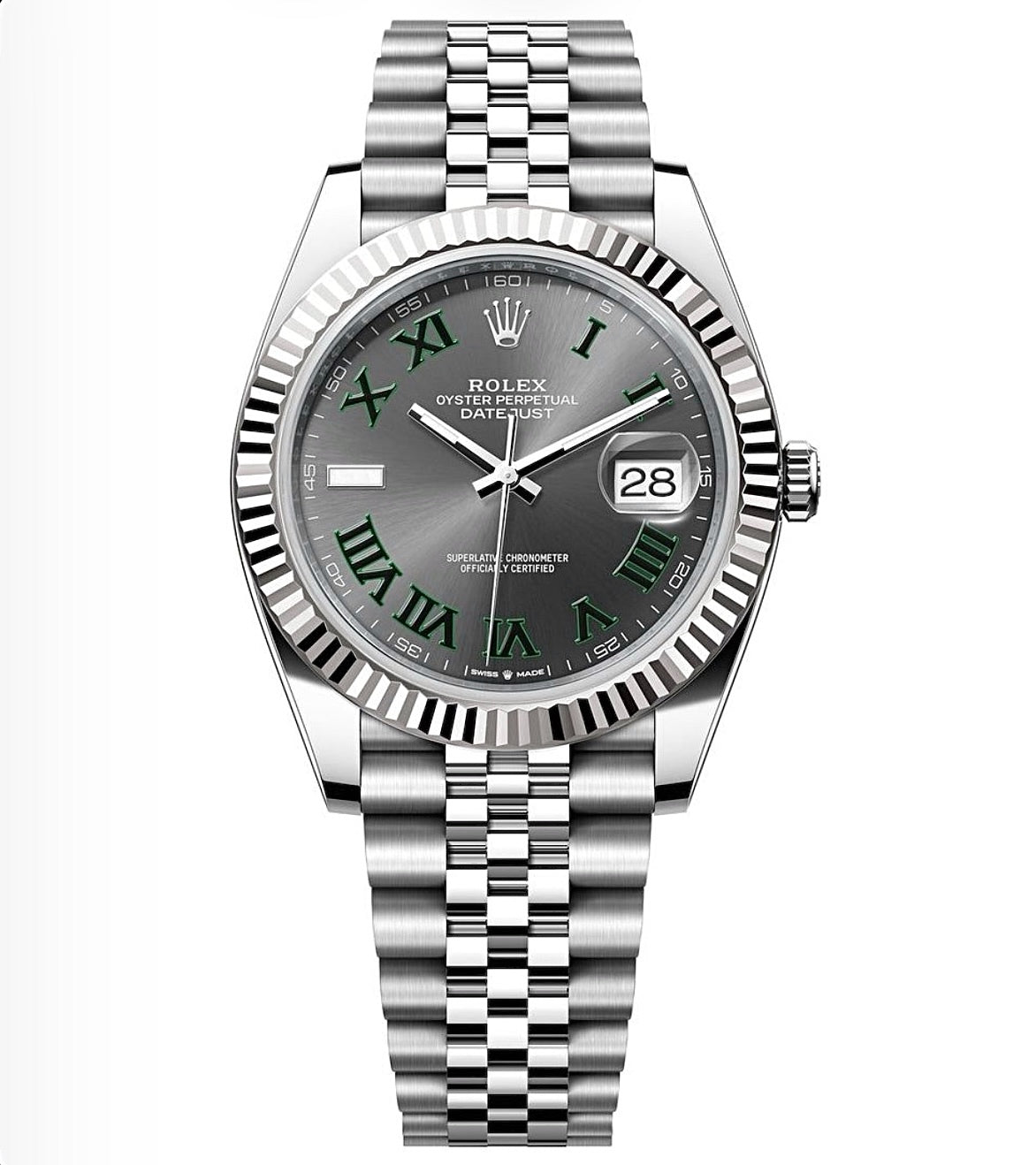 Rolex Datejust Wimbledon Oyster 41mm Oystersteel – Slate Green Roman Dial & Fluted Bezel | ساعة رولكس ديتجست ويمبلدون 41 ملم روماني أخضر