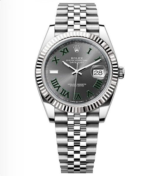 Rolex Datejust Wimbledon Oyster 41mm Oystersteel – Slate Green Roman Dial & Fluted Bezel | ساعة رولكس ديتجست ويمبلدون 41 ملم روماني أخضر