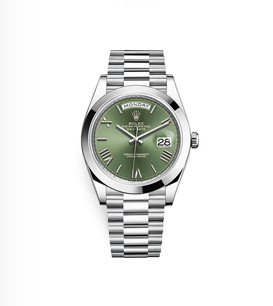 Rolex Day-Date Oyster 40mm Oystersteel – Olive Green Roman Dial & Smooth Bezel | ساعة رولكس دي ديت 40 ملم زيتوني روماني
