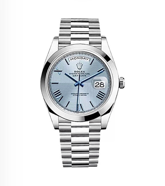 Rolex Day-Date Oyster 40mm Oystersteel – Ice Blue Roman Dial & Smooth Bezel | ساعة رولكس دي ديت 40 ملم أزرق جليدي روماني