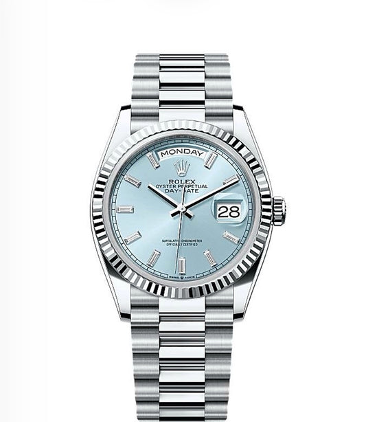 Rolex Day-Date Oyster 36mm Oystersteel – Ice Blue Dial & Fluted Bezel | ساعة رولكس دي ديت 36 ملم أزرق جليدي مضلّع