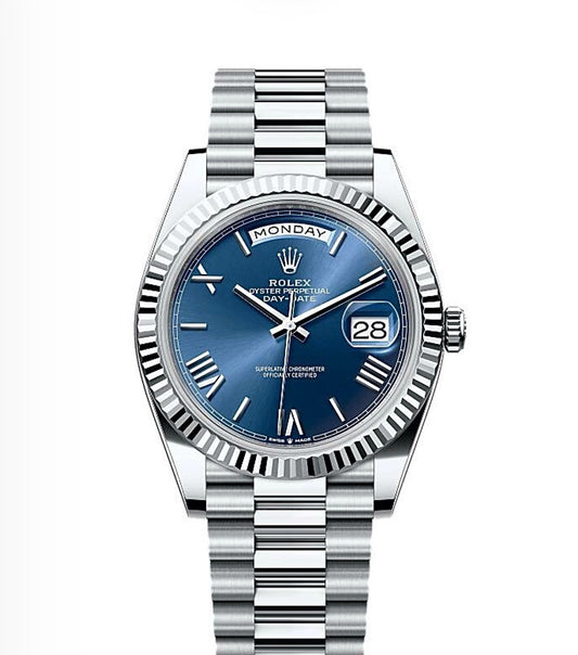 Rolex Day-Date Oyster 40mm Oystersteel – Blue Roman Dial & Fluted Bezel | ساعة رولكس دي ديت 40 ملم أزرق روماني مضلّع