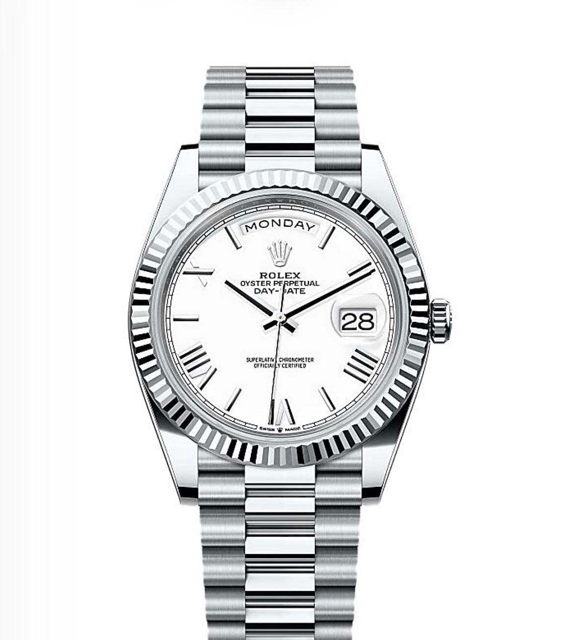 Rolex Day-Date Oyster 40mm Oystersteel – White Roman Dial & Fluted Bezel | ساعة رولكس دي ديت 40 ملم أبيض روماني مضلّع