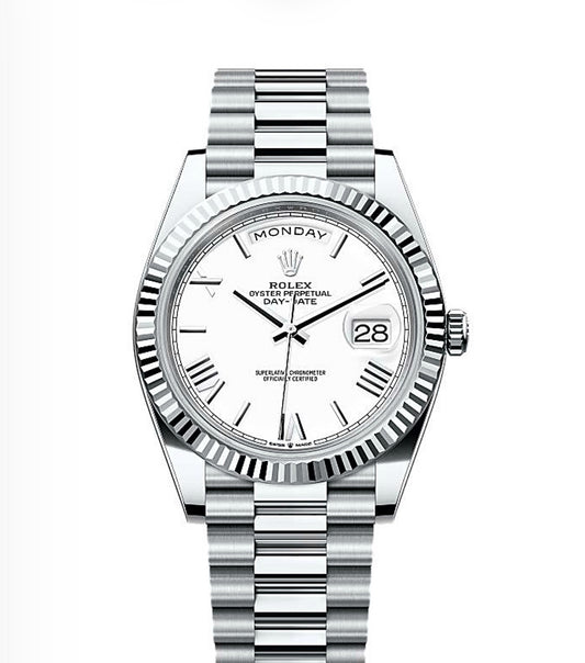 Rolex Day-Date Oyster 40mm Oystersteel – White Roman Dial & Fluted Bezel | ساعة رولكس دي ديت 40 ملم أبيض روماني مضلّع