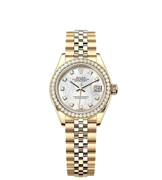 Rolex Datejust Oyster 28mm Gold-Plated – White MOP Diamond Dial & Diamond Bezel | ساعة رولكس ديتجست 28 ملم مطلي ذهبي لؤلؤي ألماس