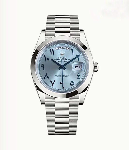 Rolex Day-Date Oyster 40mm Platinum – Ice Blue Arabic Dial & Smooth Bezel | ساعة رولكس دي ديت 40 ملم بلاتين أزرق عربي