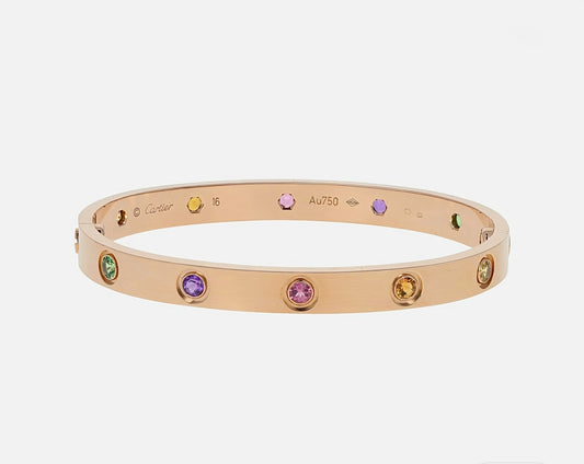Cartier LOVE Bracelet Multicolour Gemstones 18K Rose Gold Size 16