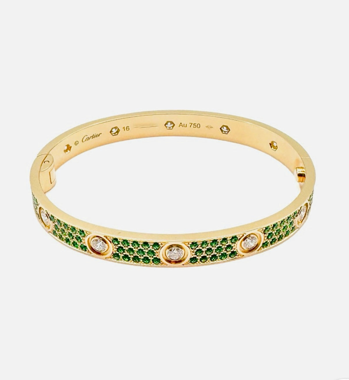 Cartier LOVE Bracelet Emeralds Diamonds 18K Yellow Gold Size 16