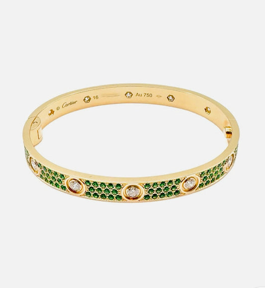 Cartier LOVE Bracelet Emeralds Diamonds 18K Yellow Gold Size 16