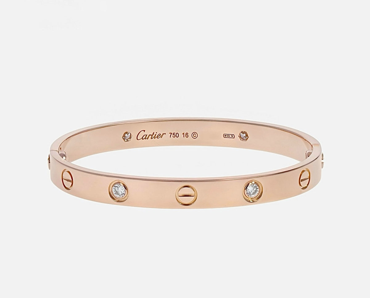 Cartier LOVE Bracelet 4 Diamonds 18K Rose Gold Size 16
