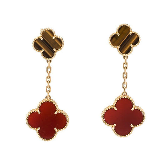 Van Cleef & Arpels Magic Alhambra 2-Motif Earrings Tiger's Eye Carnelian 18K Yellow Gold