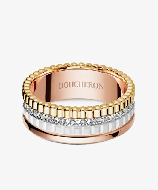 Boucheron wide multi-tone band ring with textured edges and clear stones