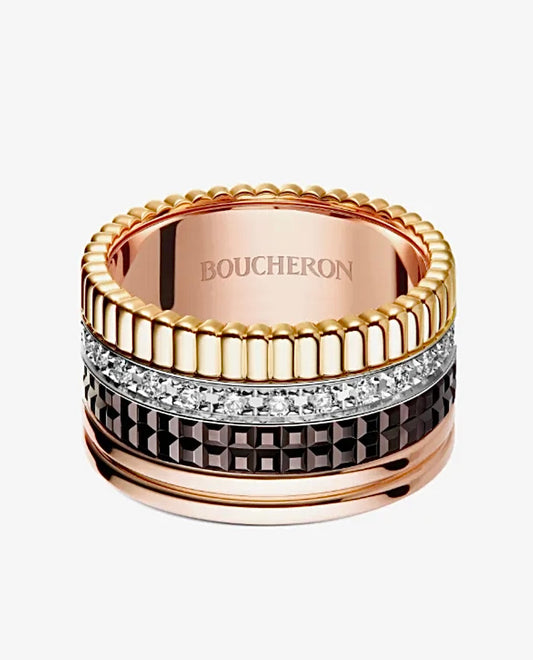 Boucheron wide multi-tone band ring with black geometric detailing and clear stones